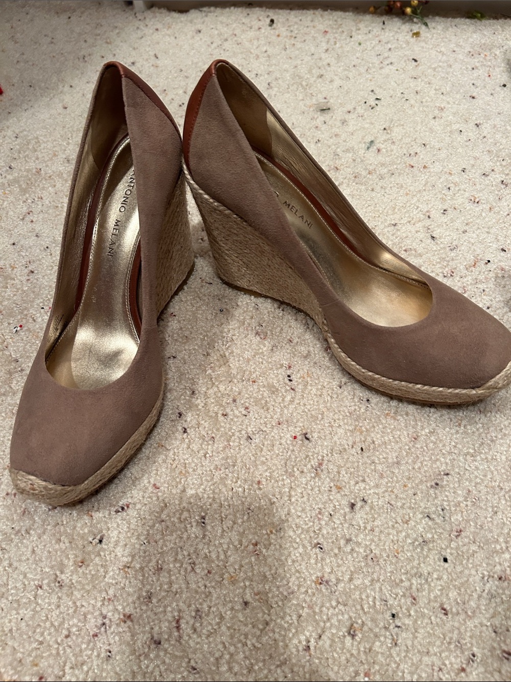ANTONIO MELANI Brown Taupe Suede Wedge Espadrilles